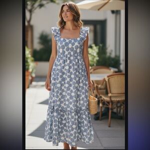 JACQUIE THE LABEL Dress Blue and White Floral Tiered Midi Empire Cotton Lined M